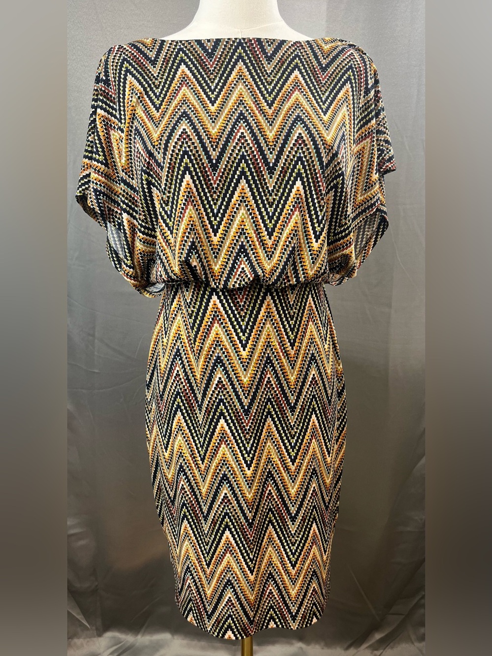 Enfocus Petite Chevron Striped Open Back Mini Dress Brown 70s Cowgirl 4P